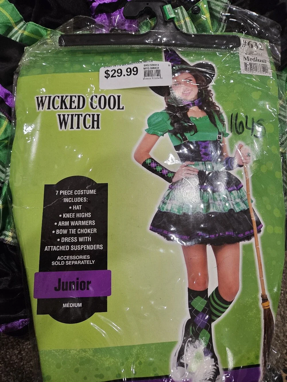 Girls Green Witch Costume with Black & Purple Accents